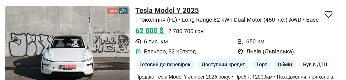Купівля вживаної TESLA Model Y в Україні