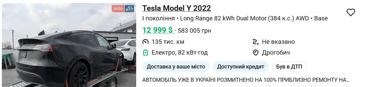 Вартість вживаної TESLA Model Y