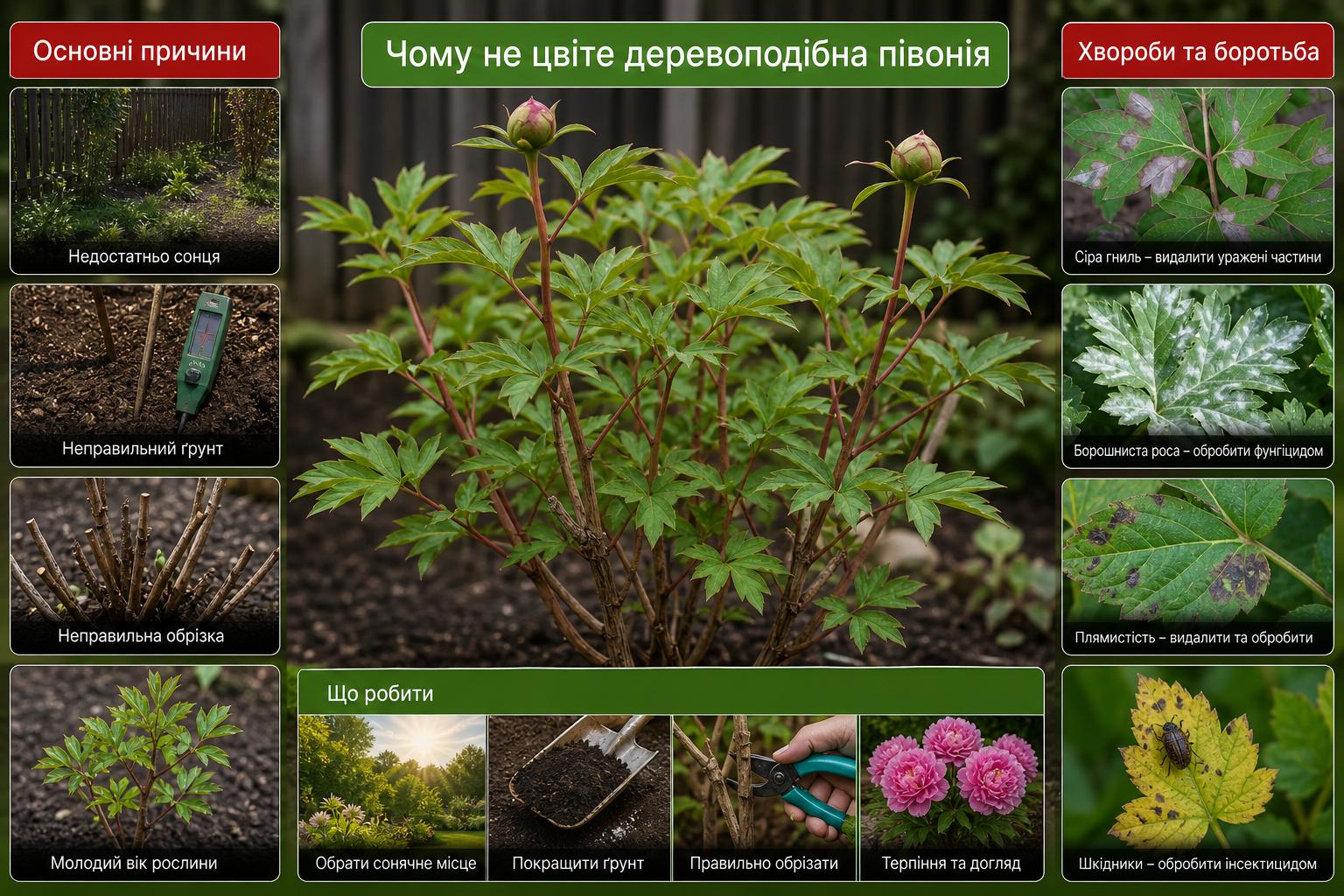 Чому не цвіте деревоподібна півонія, що робити, основні причини. Хвороби деревоподібних півоній та методи боротьби