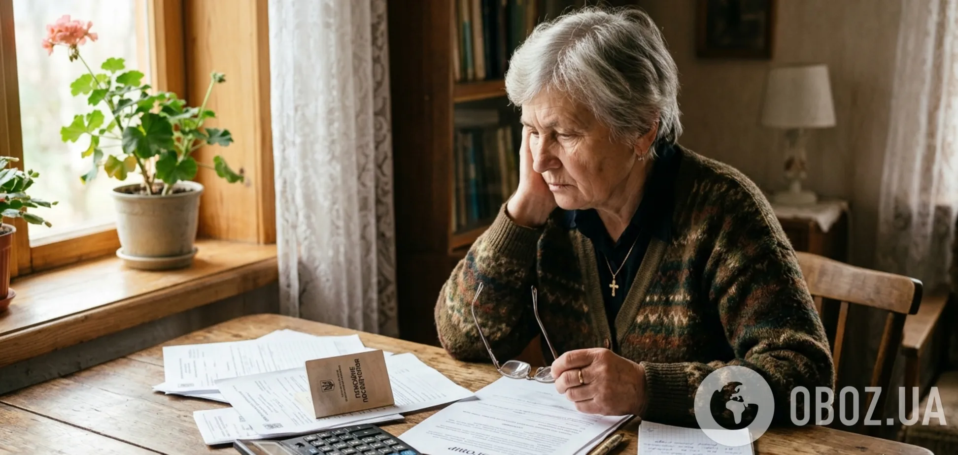 Пенсіонерка сидить у квартирі з документами, пенсійним посвідченням. Ілюстрація