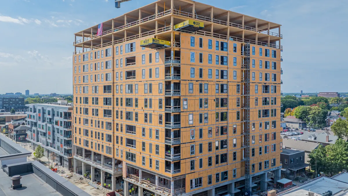Mass timber student housing building tops out near Ohio State0