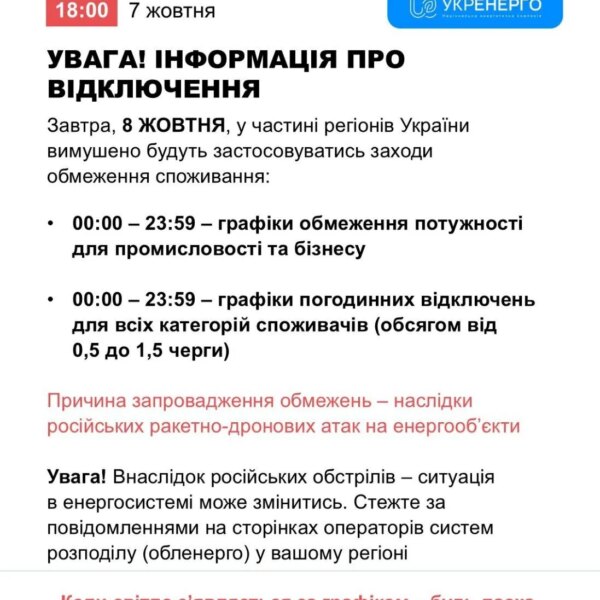 8 жовтня: цілодобові графіки відключень світла для українців