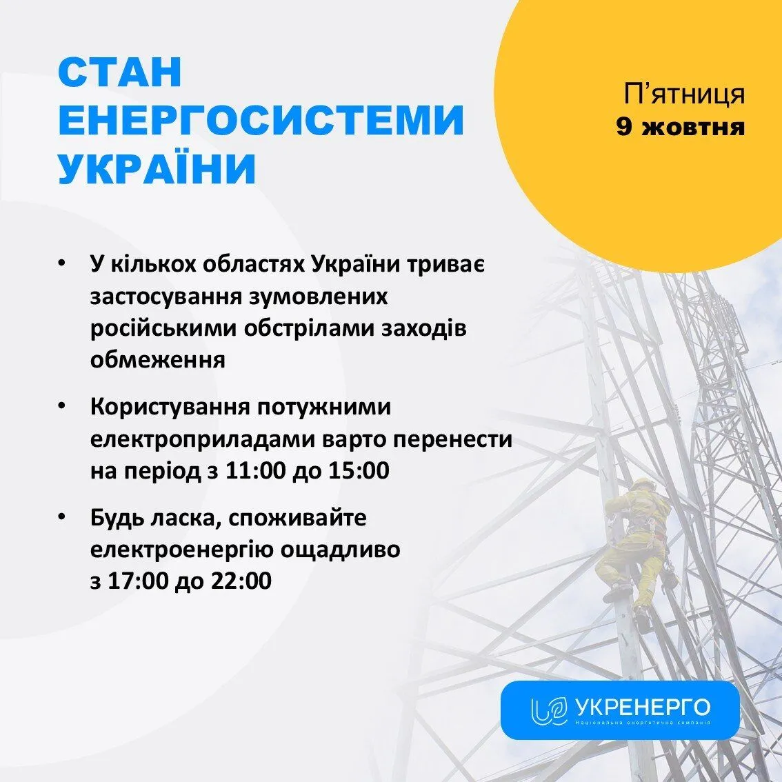 Ситуація в енергосистемі 9 жовтня