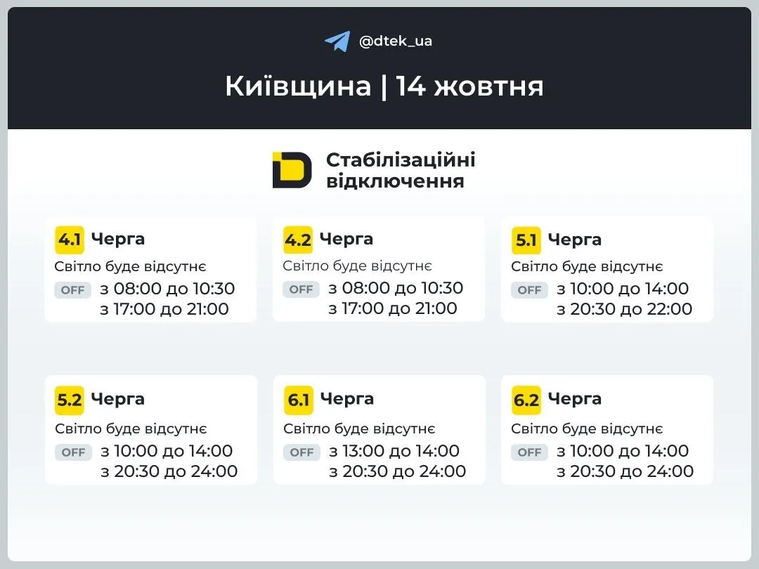 Графік відключення світла на Київщині 14 жовтня
