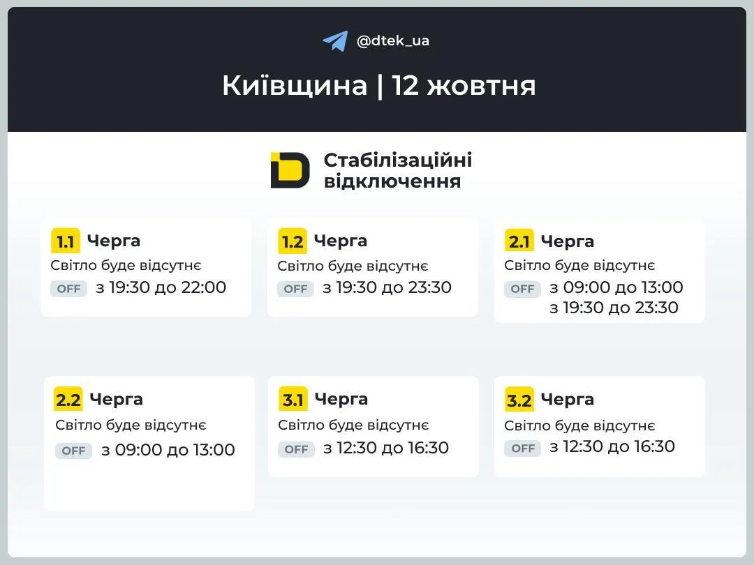 Графік відключення світла на Київщині 12 жовтня