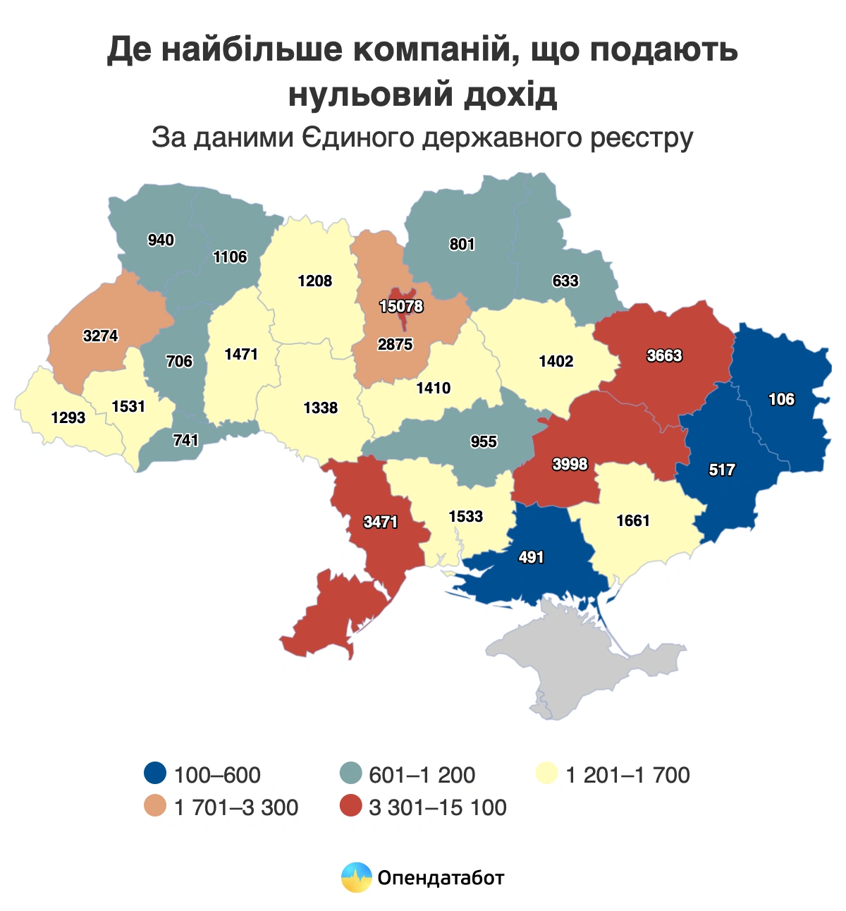 Розподіл компаній з нульовим доходом по регіонах України